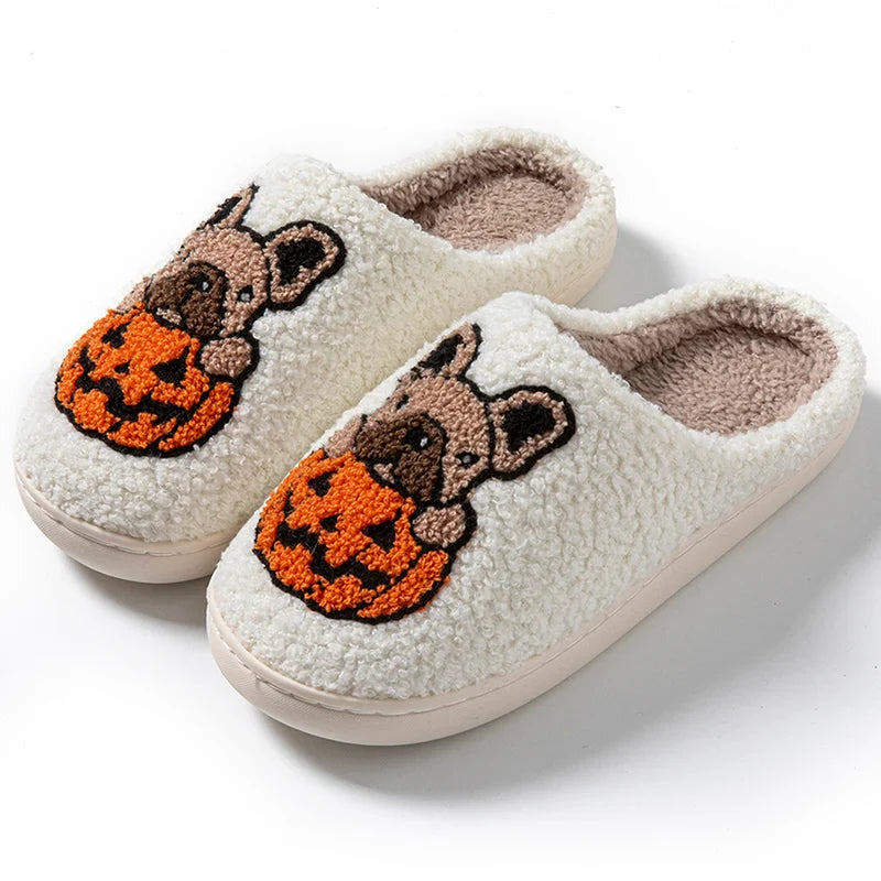 Pumpkin Dog Embroidery Cotton Slippers