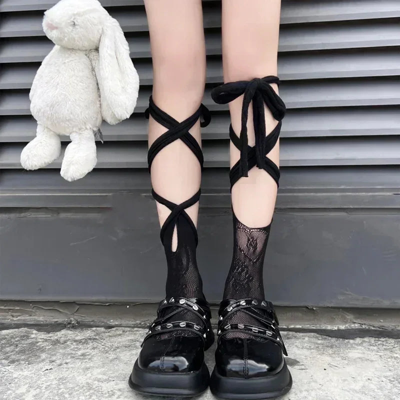 Black/White Lolita Tie Lace Fishnet Socks