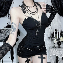 'Enter The Dark' Black Gothic Zip Up V Neck Top
