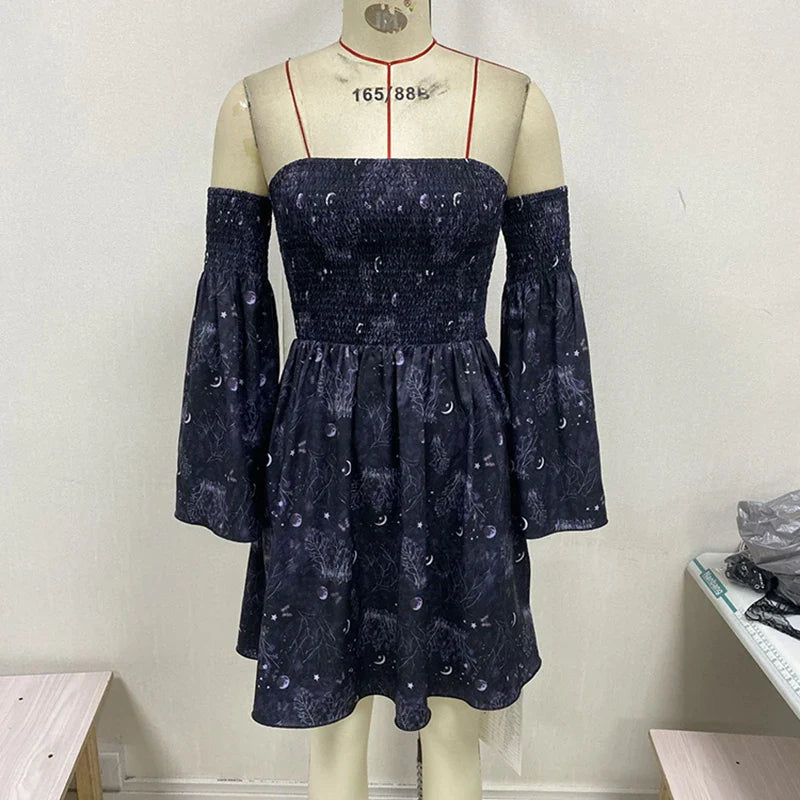 Goth Dark Aesthetic Moon Print Shirring Mini Dresse