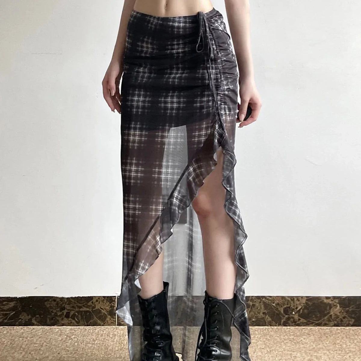 Grunge 'Sinister Smoke' Plaid  Mesh See Through  Split Skirt