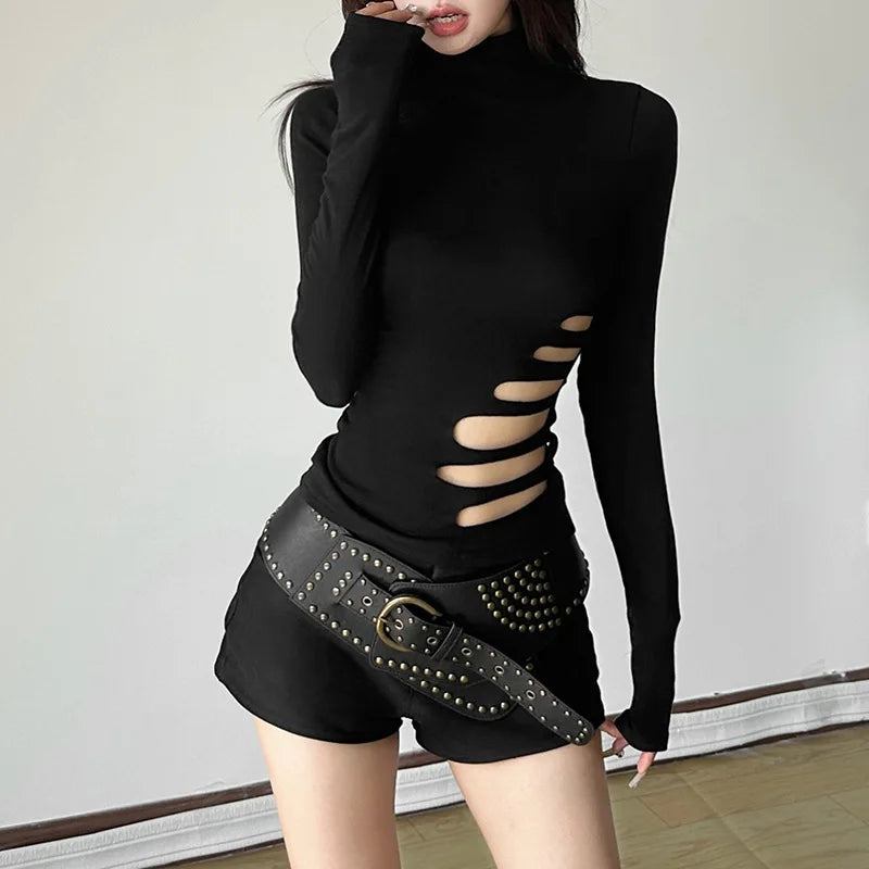'Dark Side' Goth Black Alt Hallow Out Longsleeve Top