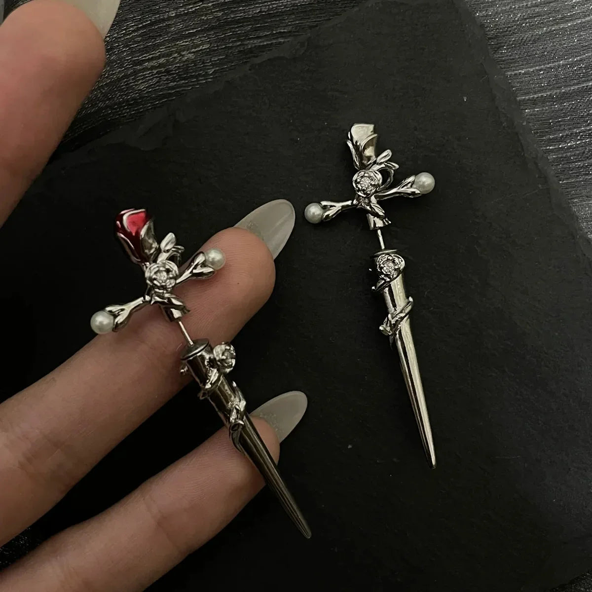 Red Alt Sword Rose Earrings