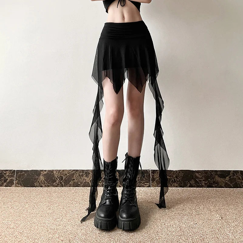 Goth 'Veil of Shadows' Black Mesh Tail Flowy Skirt