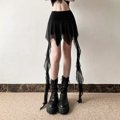 Goth 'Veil of Shadows' Black Mesh Tail Flowy Skirt