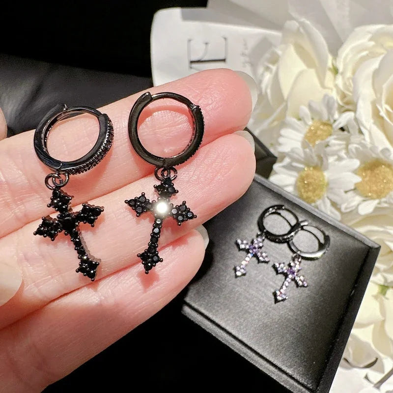 Black/Purple Rhinestone Cross Dangle Earrings