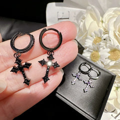Black/Purple Rhinestone Cross Dangle Earrings