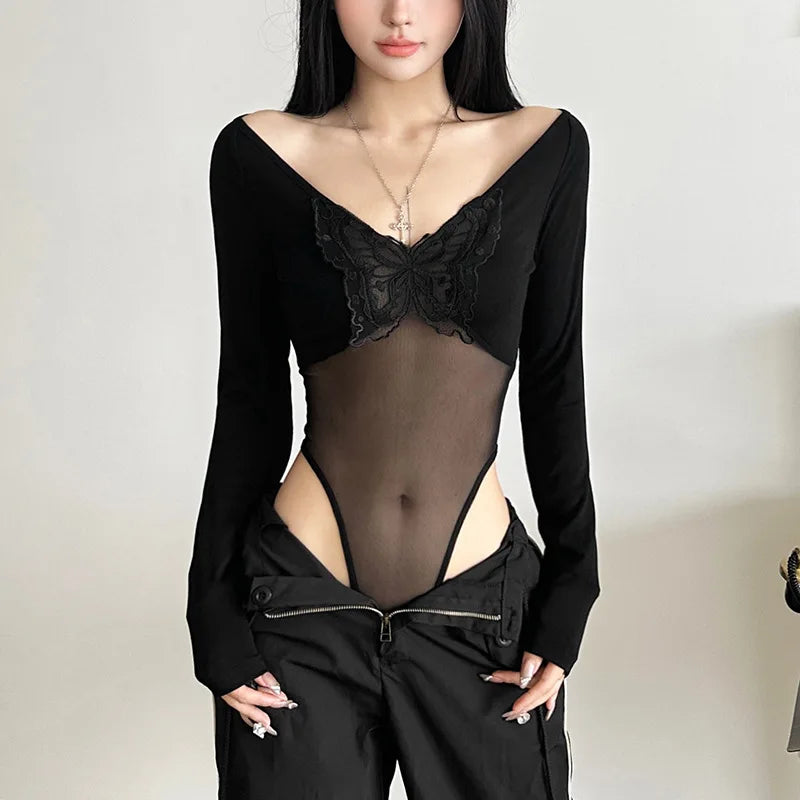 'Nocturn' Black Mesh Long Sleeved Butterfly Top