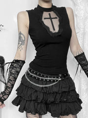 'Chamber Noir' Dark Goth Black Lace Cross Crop Top
