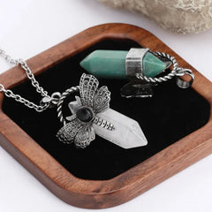 'Night Wings' Moth Natural Stone Crystal Pendant Necklace