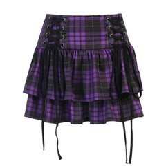 Dark Purple Gothic High Waist  Plaid Mini Skater Skirt