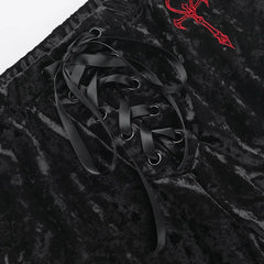 Gothic 'Velvet Requiem' Black Velvet Pants with Red Ankh Crosses