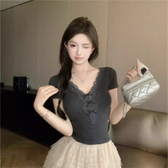 Grunge Goth Lace Patchwork Short Sleeve Top