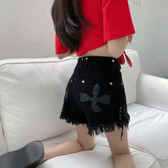 'Liar Liar' Black Grunge Tassel Denim Shorts