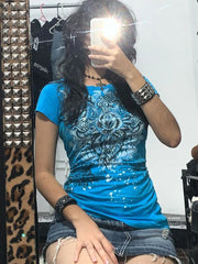 Blue Rhinestone Print Heart Rose T-Shirt
