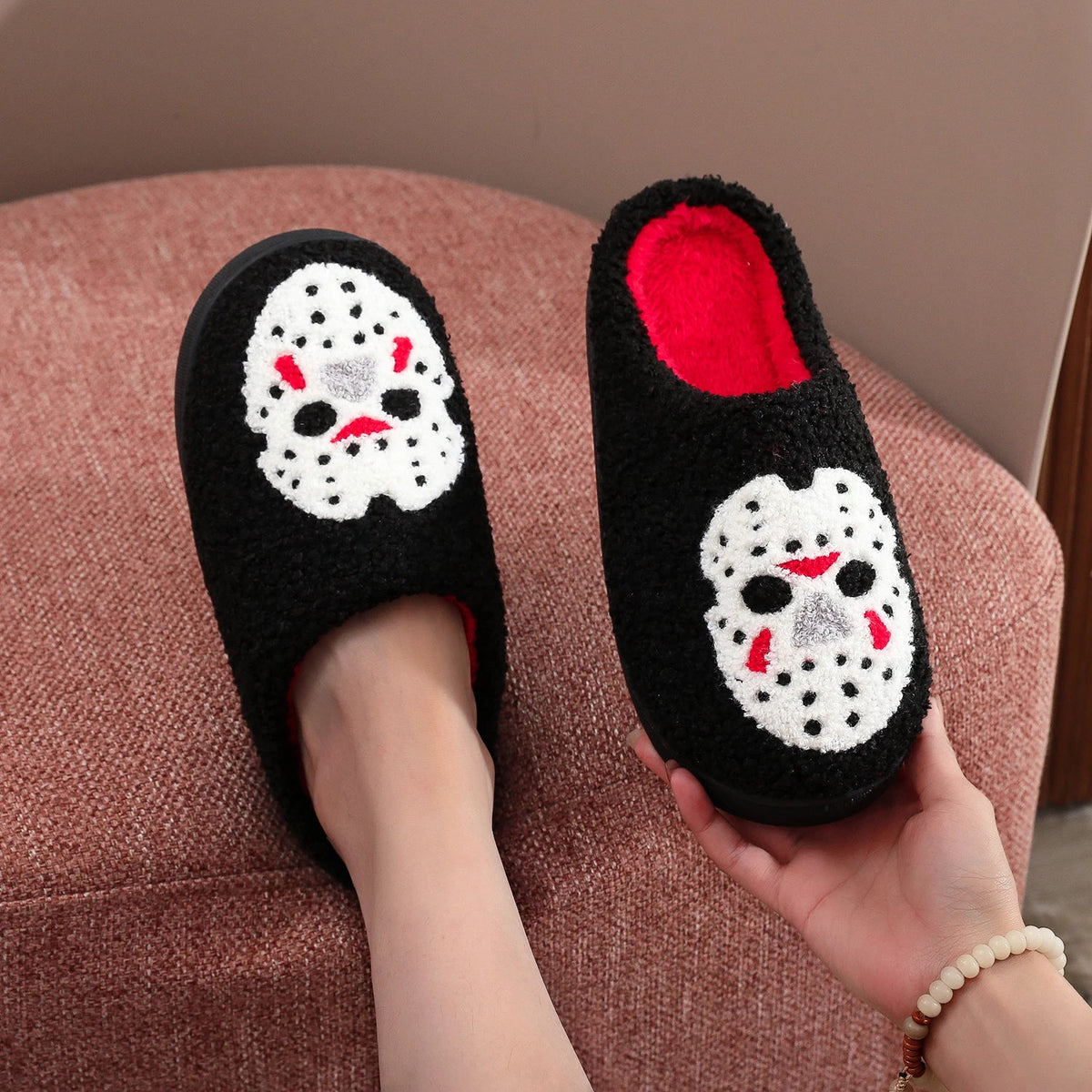 Horror Mask Black Horror Skull Plush Slippers