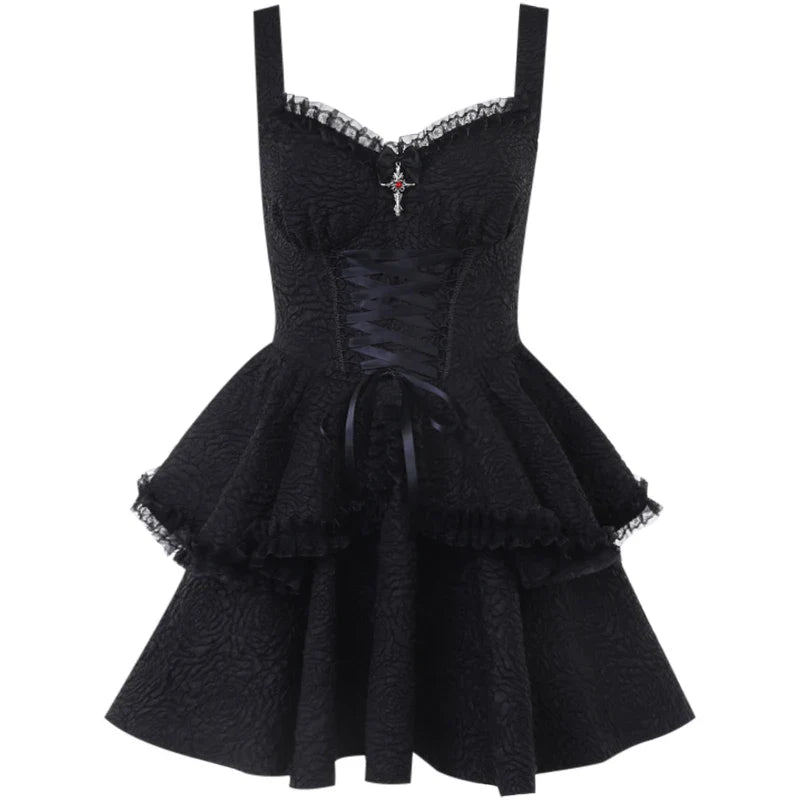 'Till Death' Black Elegant Goth Lace Trim Dress