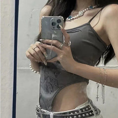 Grunge Dark Grey Aesthetic Graphic Print Sleeveless Bodysuit