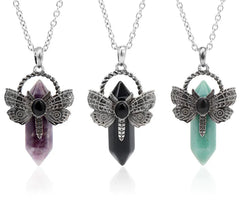 'Night Wings' Moth Natural Stone Crystal Pendant Necklace