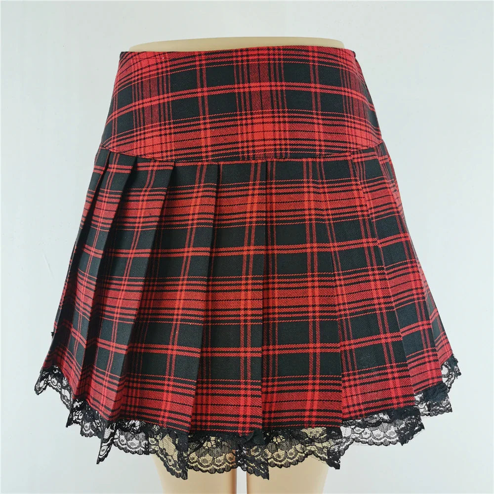 Dark Grunge Goth Lace Plaid Pleated Skirt