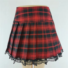 Dark Grunge Goth Lace Plaid Pleated Skirt