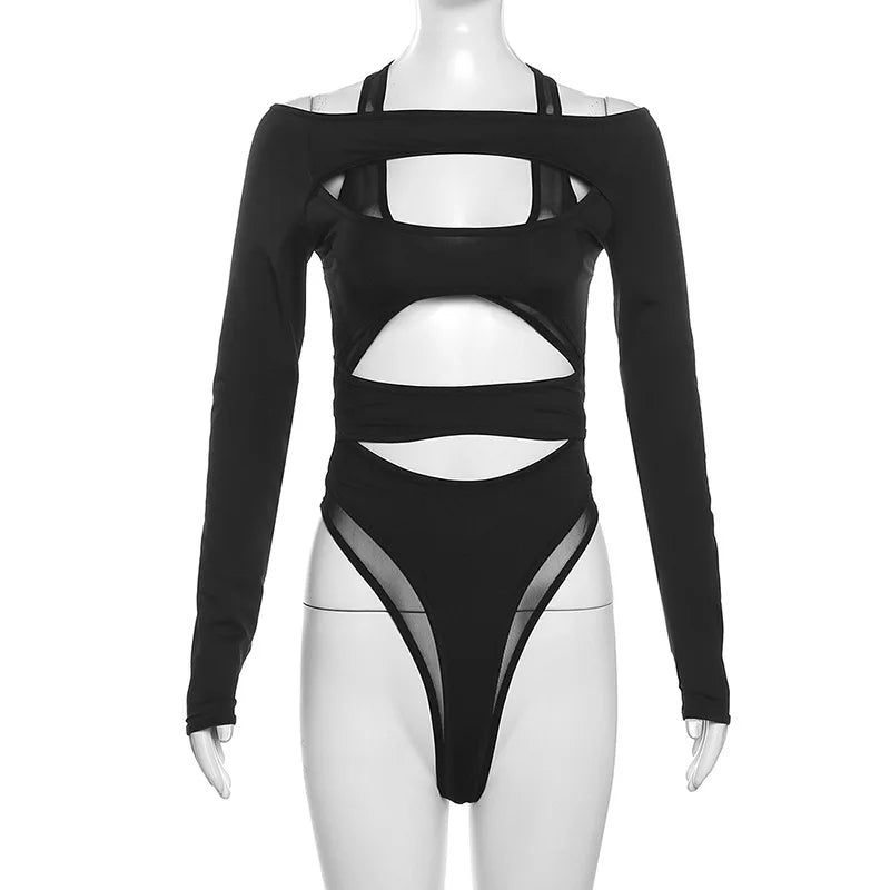Goth 'Moonlit Mourning' Black Mesh Long Sleeved Bodysuit
