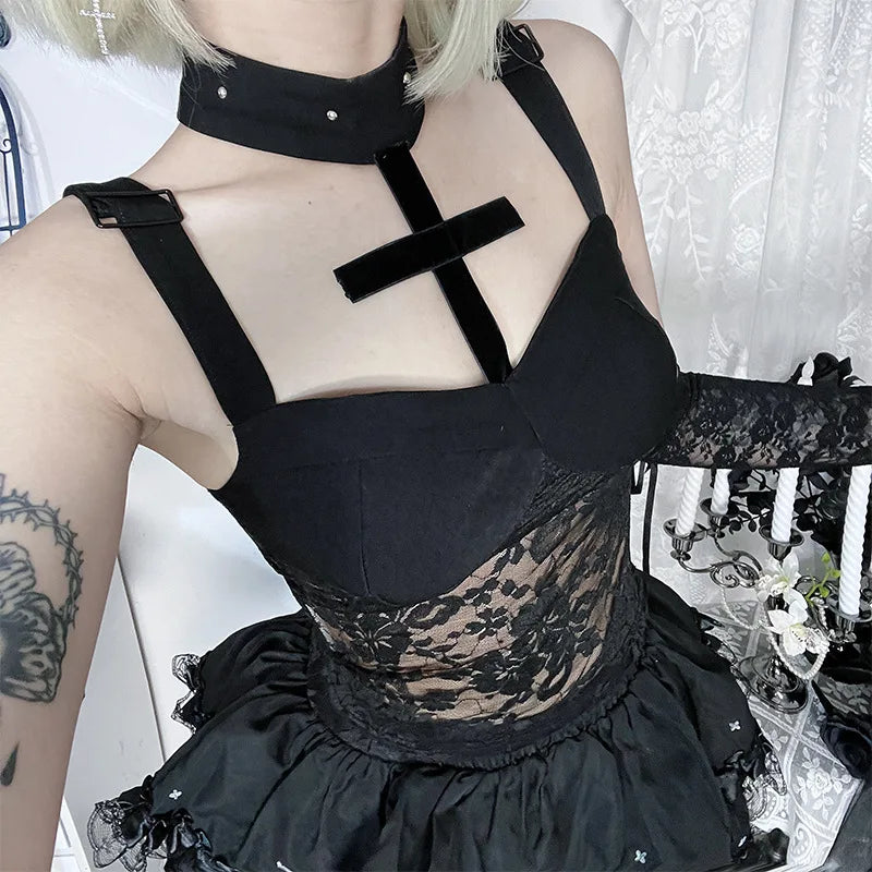 'Doom' Goth Kawaii Cross Lace Patchwork Top