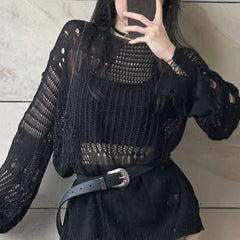 Goth 'Curse' Cosy Casual Hollow Knit Black Sweater