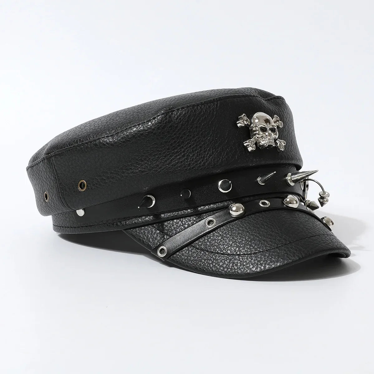 Black Skull Fake Leather Rivet Military Hat