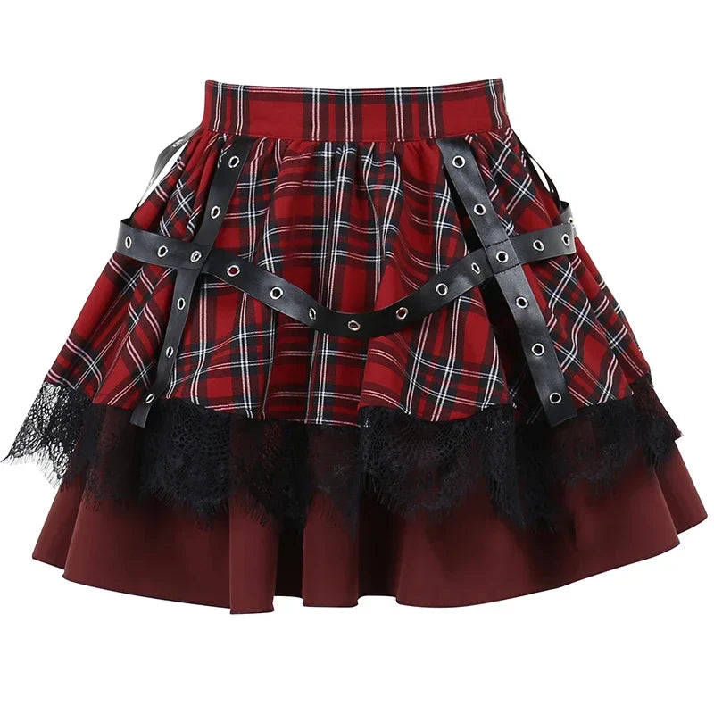 Gothic Harajuku Red Plaid Pleated Skirt