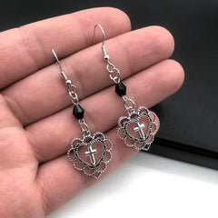 Gothic Hollow Heart Cross Pendant Earrings