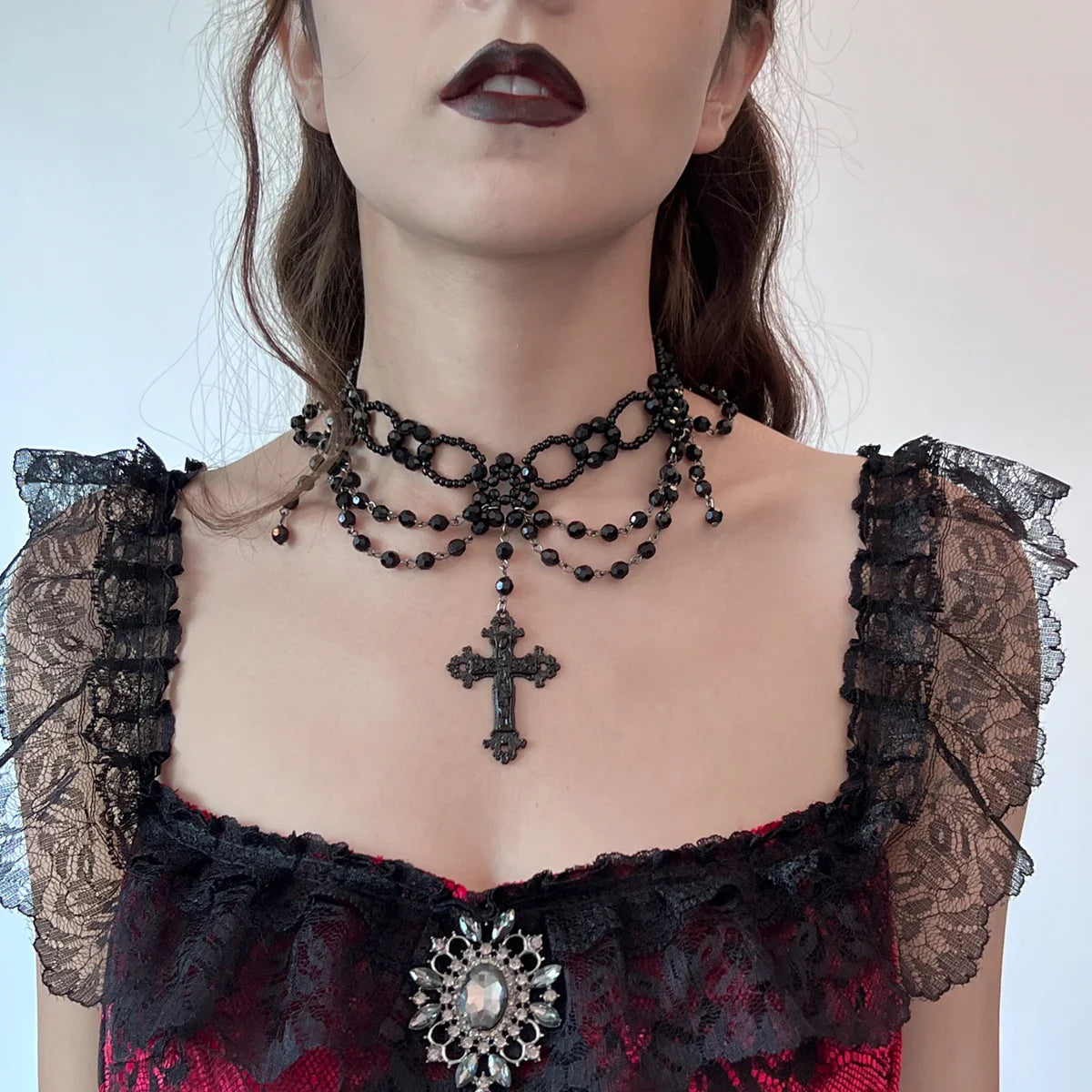 Black Gothic Cross Pendant Necklace Choker