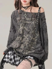 Grey Harajuku Grunge Dark Top
