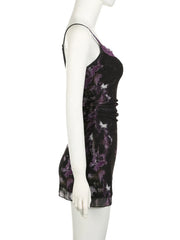 Goth Purple Slim Butterfly Print Bodycon Dress