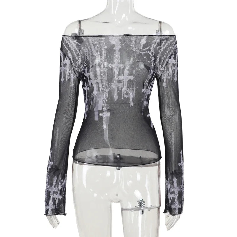 Black Gothic Mesh Cross Print Top