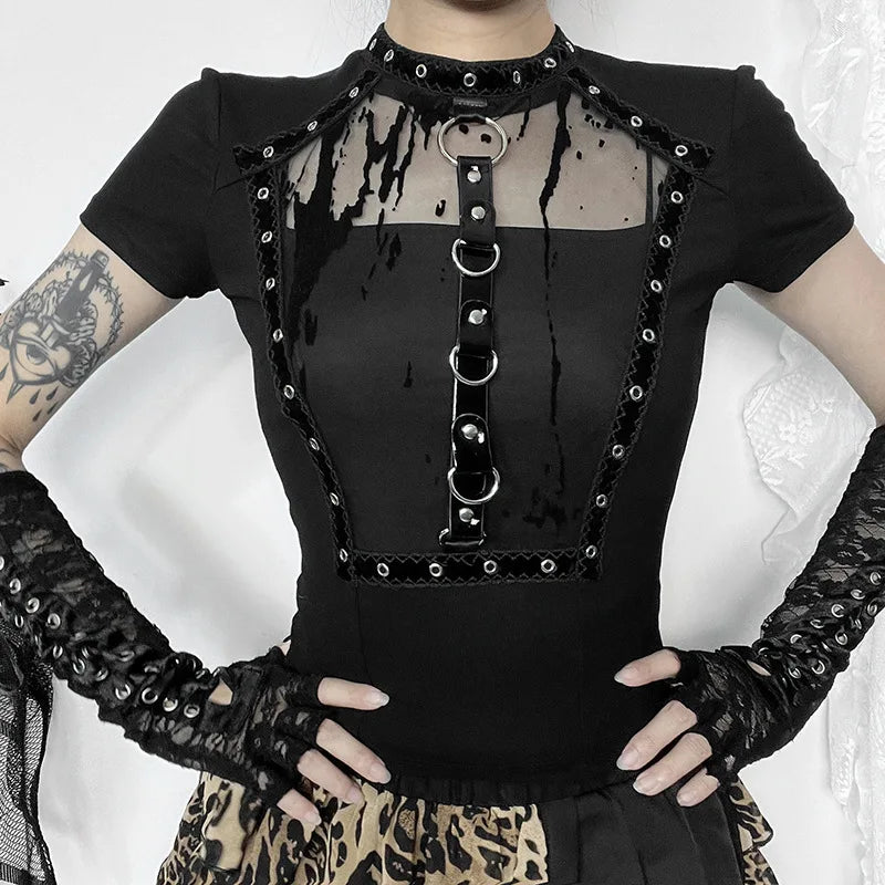 Goth 'Nocturne Veil' Mesh Faux Harness Ring T-Shirt