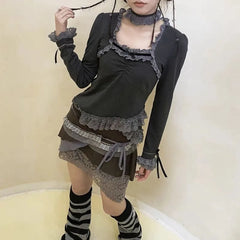 Black Goth Slim Lace Y2K Top