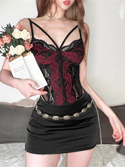 Red and Black Goth Grunge Lace Patchwork Bodysuit