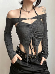 Goth Grunge Mall Gothic Drawstring Buckle Top