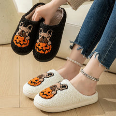 Pumpkin Dog Embroidery Cotton Slippers