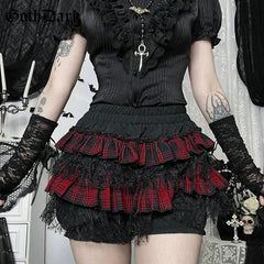 Goth Black Grunge Dark Plaid Lace Patchwork Skirt