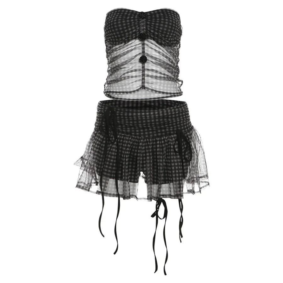 Black Goth Mesh Plaid Ruffles Two-piece Set