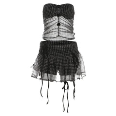 Black Goth Mesh Plaid Ruffles Two-piece Set