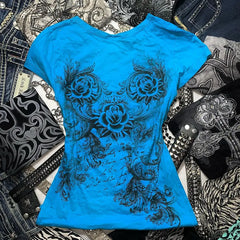 Blue Rhinestone Print Heart Rose T-Shirt