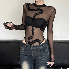 'Death Trap' Black Mesh Long Sleeve Snake Bodysuit