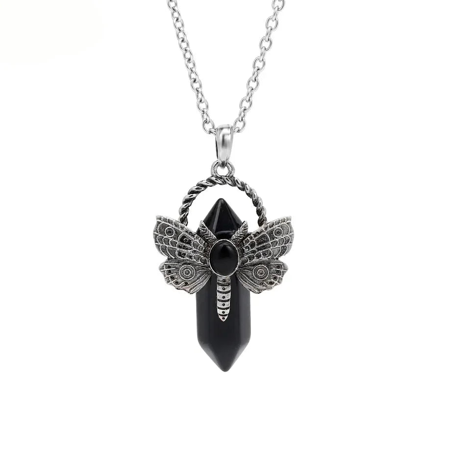 'Night Wings' Moth Natural Stone Crystal Pendant Necklace