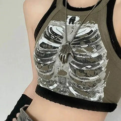 Goth Grunge Punk Aesthetic Cyber Skeleton Print Top