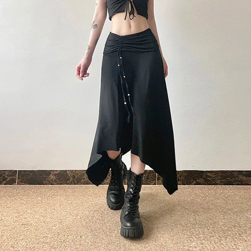 Gothic Dark Black Harajuku Asymmetrical Maxi Skirt