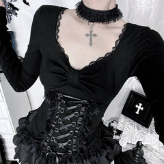 'Headstone' Black Goth Dark Lolita Lace Up Top