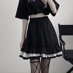Goth 'Apparition' Black & White Harajuku Grunge Ruffle Skirt